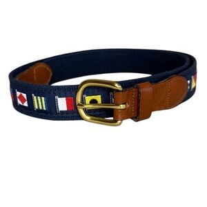 Nautical Themed Belt with Brown Leather Accents Brass Buckle boat ship flag